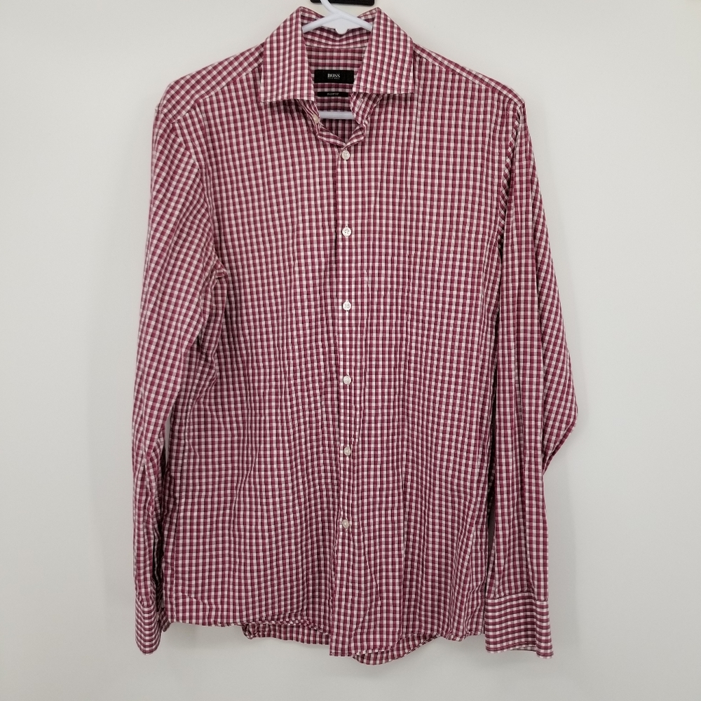 Hugo Boss Sharp Fit Red Plaid‎ Men's Shirt Size 15 1/2 34/35